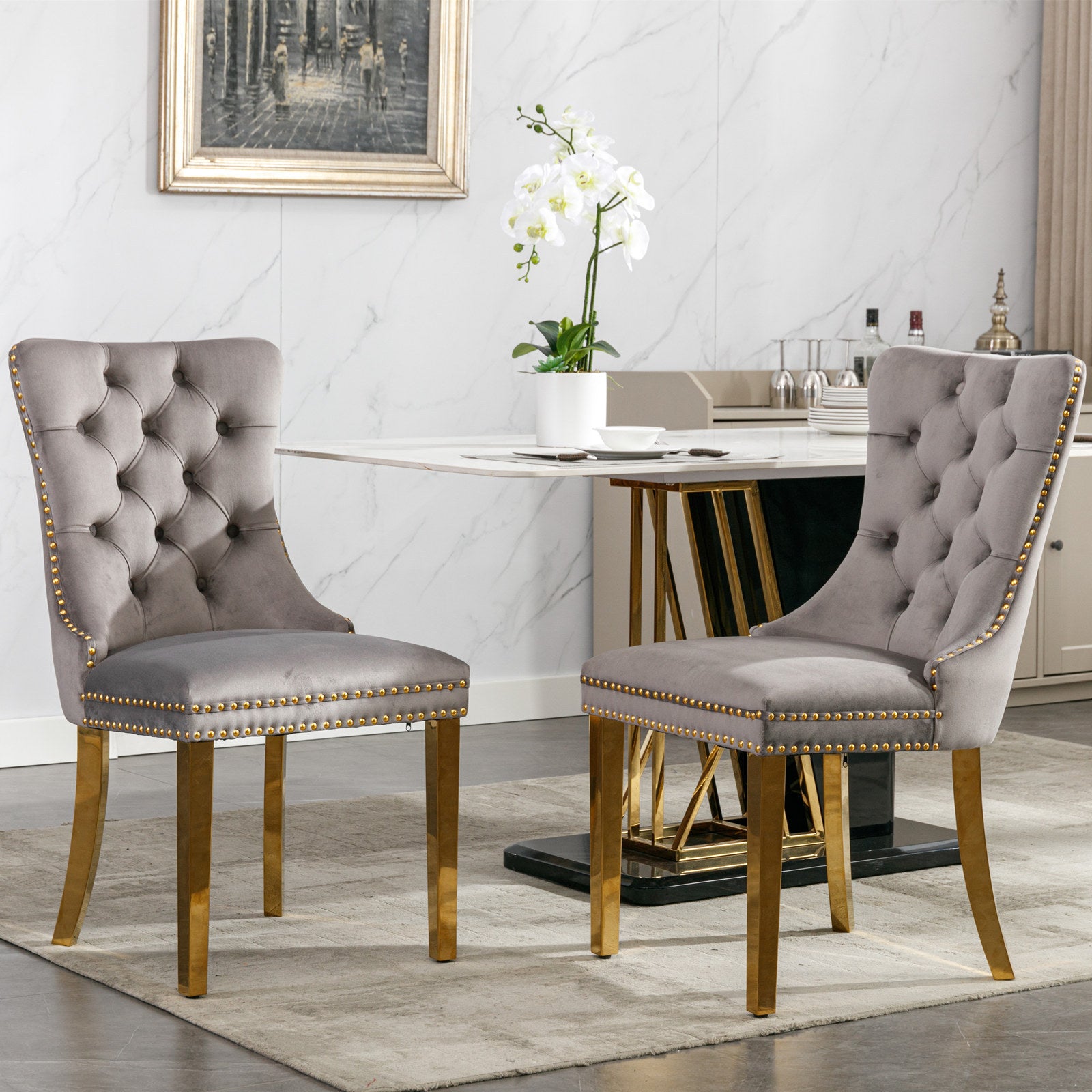 Set of 2 Gray and Gold Modern Velvet Upholstered Dining Chair